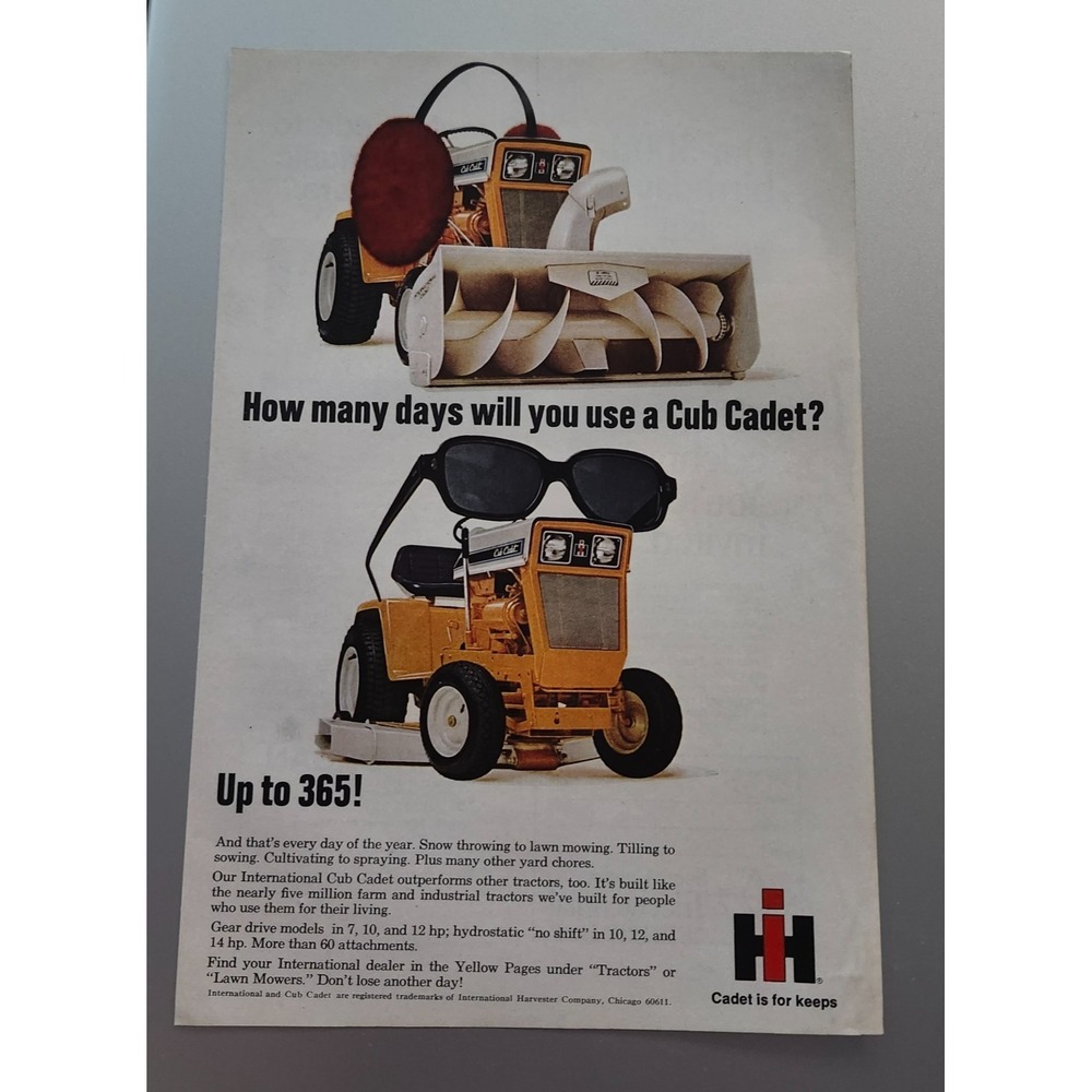 International Harvester‎ Cub Cadet Vintage 1969 Sun & Snow Original Print Ad